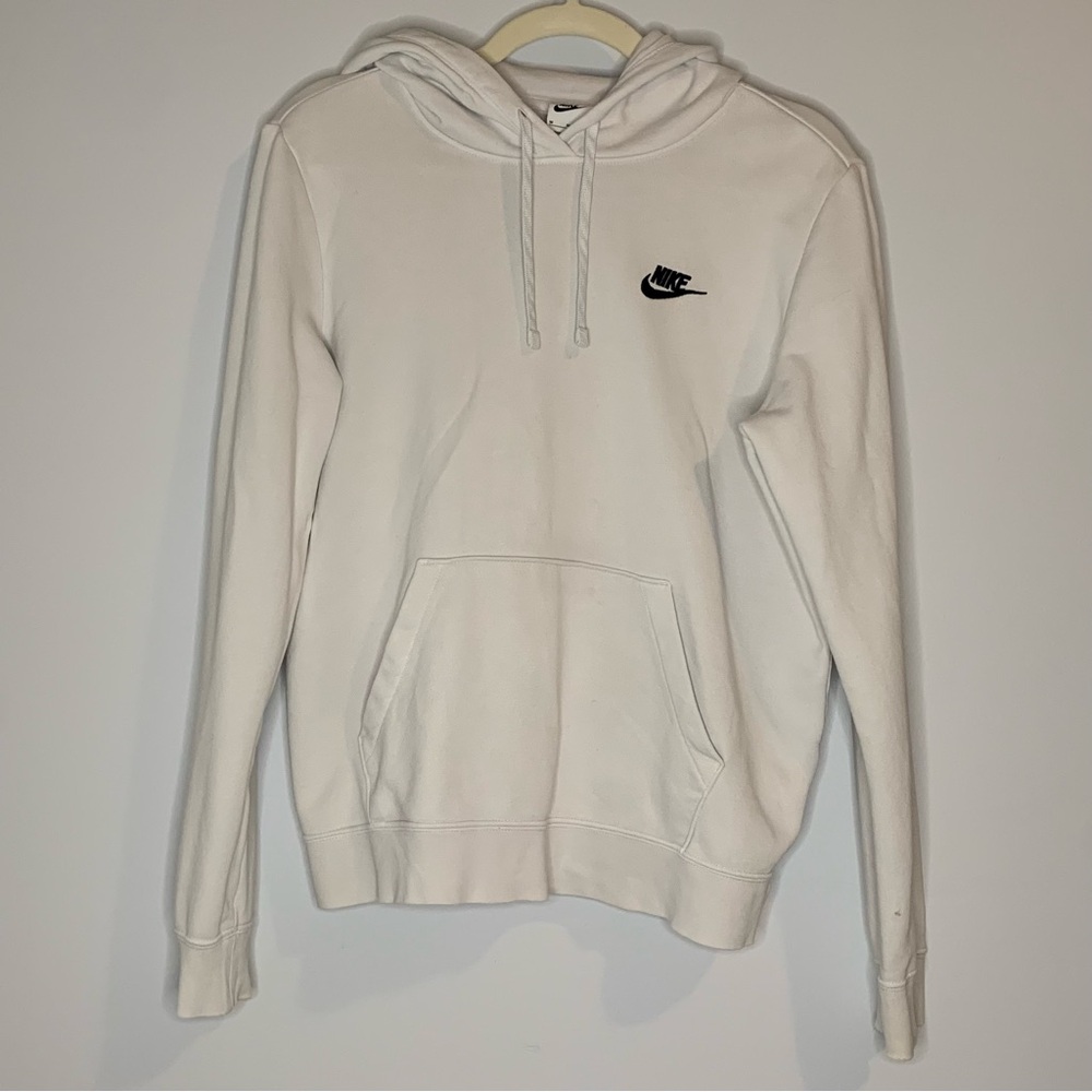 Nike White Pullover Hoodie Sweatshirt with Black Swoosh Tag and Kangaroo Pocket